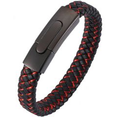 COI Titanium Black Red Genuine Leather Bracelet With Steel Clasp(Length: 8.07 inches)-9002