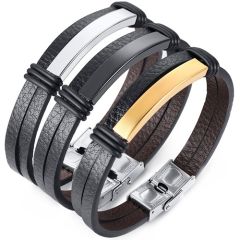COI Titanium Gold Tone/Black/Silver Genuine Leather Bracelet With Steel Clasp(Length: 8.07 inches)-9051