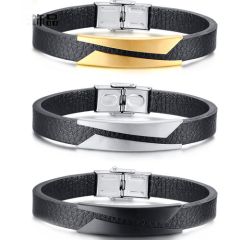 COI Titanium Gold Tone/Black/Silver Genuine Leather Bracelet With Steel Clasp(Length: 8.07 inches)-9052