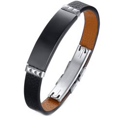 COI Titanium Black Silver Genuine Leather Bracelet With Steel Clasp(Length: 9.06 inches)-9053