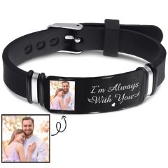 COI Titanium Black Silver Custom Photo Engraving Rubber Bracelet With Steel Clasp(Length: 8.46 inches)-9083