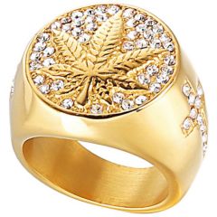 **COI Gold Tone Titanium Maple Leaf & Cross Ring With Cubic Zirconia-9086