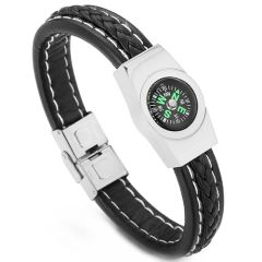 COI Titanium Black/Gold Tone/Silver Black Leather & Compass Bracelet With Steel Clasp(Length:  8.26 inches)-9094