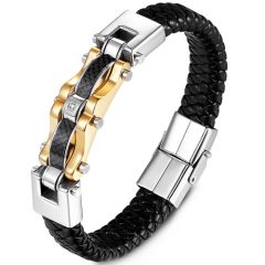 COI Titanium Silver Gold Tone Black/Black Silver Genuine Leather Bracelet With Steel Clasp(Length: 8.27 inches)-9103