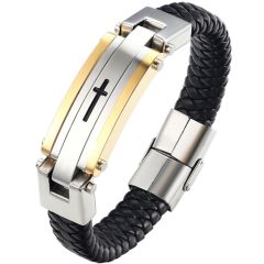 COI Titanium Silver Gold Tone/Silver Cross Genuine Leather Bracelet With Steel Clasp(Length: 8.27 inches)-9105