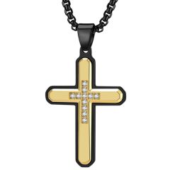 COI Titanium Gold Tone Black/Silver Cross Pendant With Cubic Zirconia-9149