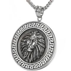 COI Titanium Black Silver Greek Key Pattern Lion Head Pendant-9156