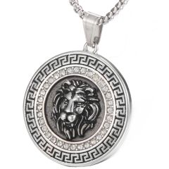 COI Titanium Black Gold Tone/Silver Greek Key Pattern Lion Head Pendant With Cubic Zirconia-9157