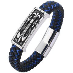 COI Titanium Cross Black Blue Genuine Leather Bracelet With Steel Clasp(Length: 8.66 inches)-9159