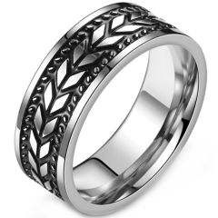 **COI Titanium Black Silver Leaves Pipe Cut Flat Ring-9176