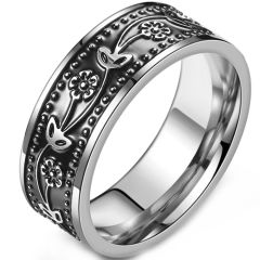 **COI Titanium Black Silver Floral & Leaves Pipe Cut Flat Ring-9177