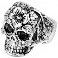 **COI Titanium Black Silver Skull & Flower Ring-9202