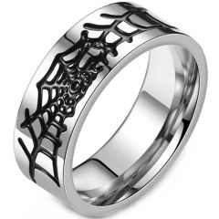 **COI Titanium Black Silver Spider Web Pipe Cut Flat Ring-9216
