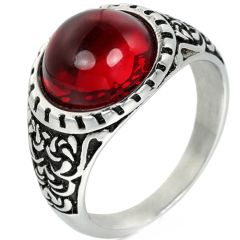 **COI Titanium Black Silver Celtic Ring With Created Red Ruby Cabochon/Blue Turquoise-9235