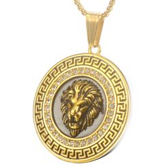 **COI Titanium Gold Tone/Silver Lion Greek Key Pendant With Cubic Zirconia-9278