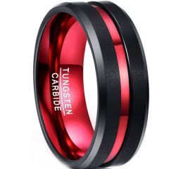 **COI Tungsten Carbide Black Red Center Groove Beveled Edges Ring-9309
