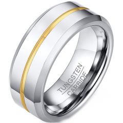 **COI Tungsten Carbide Gold Tone Silver Center Groove Beveled Edges Ring-9338AA