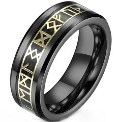 **COI Tungsten Carbide Black Gold Tone Beveled Edges Ring With Runes-9350