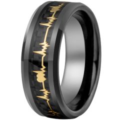 **COI Black Tungsten Carbide Gold Tone Heartbeat & Heart Beveled Edges Ring-9359