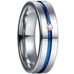**COI Tungsten Carbide Blue Silver Center Groove Ring With Cubic Zirconia-9372