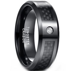 **COI Black Tungsten Carbide Carbon Fiber Beveled Edges Ring With Cubic Zirconia-9387