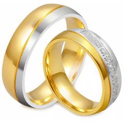 **COI Titanium Gold Tone Silver Diagonal Groove Couple Wedding Ring-9413