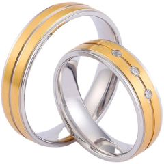 **COI Titanium Gold Tone Silver Center Groove Step Edges Couple Wedding Ring-9419