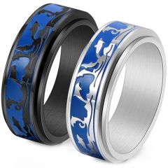 **COI Titanium Black/Silver Blue Dolphin Step Edges Ring-9444