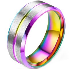 **COI Titanium Rainbow & Silver Center Groove Beveled Edges Ring-9446