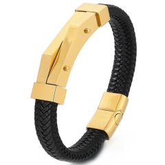 **COI Titanium Black/Gold Tone/Silver Genuine Leather Bracelet With Steel Clasp(Length: 8.27 inches)-9474