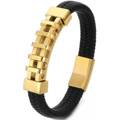 **COI Titanium Gold Tone/Silver Genuine Leather Bracelet With Steel Clasp(Length: 8.27 inches)-9475
