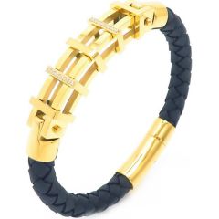 **COI Titanium Gold Tone/Silver Genuine Leather Bracelet With Steel Clasp(Length: 8.66 inches)-9476