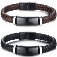 **COI Titanium Black Silver Genuine Leather Bracelet With Steel Clasp(Length: 8.27 inches)-9484AA