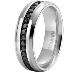 **COI Titanium Beveled Edges Ring With Black Cubic Zirconia-9489
