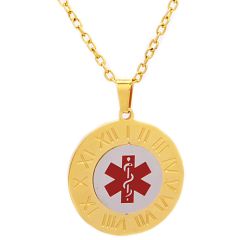 **COI Titanium Gold Tone Silver Red Medical Alert Pendant With Roman Numerals-9546