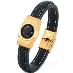 **COI Titanium Black/Gold Tone/Silver Thermometer Genuine Leather Bracelet With Steel Clasp(Length: 8.27 inches)-9668