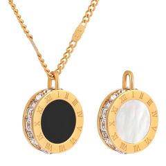**COI Gold Tone Titanium Black & White Abalone Shell Pendant With Cubic Zirconia & Roman Numerals-9699