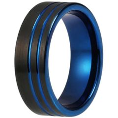 **COI Tungsten Carbide Black Blue Offset Double Grooves Pipe Cut Flat Ring-9707