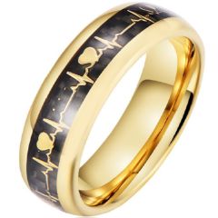 **COI Gold Tone Tungsten Carbide Heartbeat & Heart Dome Court Ring With Carbon Fiber-9708