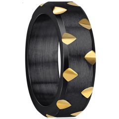 **COI Tungsten Carbide Black Gold Tone Grooves Beveled Edges Ring-9712