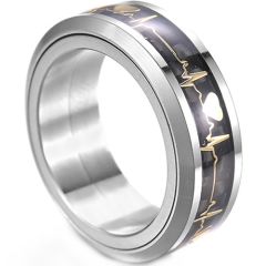 **COI Tungsten Carbide Gold Tone Heartbeat & Heart Beveled Edges Ring With Carbon Fiber-9730