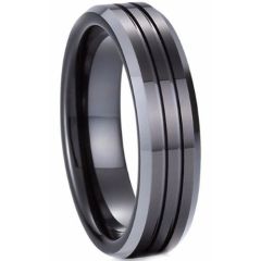 **COI Tungsten Carbide Black Silver Double Grooves Beveled Edges Ring-9736
