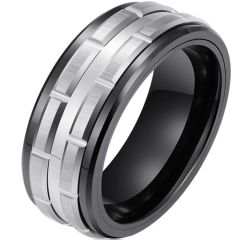 **COI Tungsten Carbide Black Silver Tire Tread Brick Pattern Ring-9739