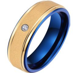 **COI Tungsten Carbide Blue Gold Tone Step Edges Ring With Cubic Zirconia-9741