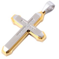 **COI Titanium Gold Tone Silver Cross Pendant With Cubic Zirconia-9751