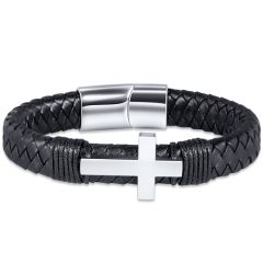 **COI Titanium Cross Black Genuine Leather Bracelet With Steel Clasp(Length: 7.87 inches)-9773