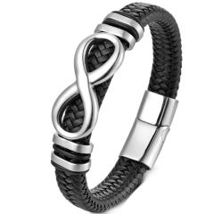 **COI Titanium Black/Gold Tone/Silver Infinity Black Genuine Leather Bracelet With Steel Clasp(Length: 9.06 inches)-9774