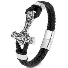 **COI Titanium Black/Silver Cross Black Genuine Leather Bracelet With Steel Clasp(Length: 9.06 inches)-9779