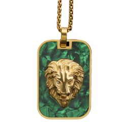 **COI Titanium Gold Tone/Silver Green Malachite Lion Pendant-9780