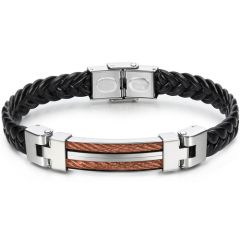 **COI Titanium Silver Black/Gold Tone/Rose Wire Black Genuine Leather Bracelet With Steel Clasp(Length: 8.27 inches)-9793